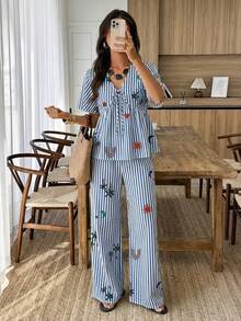 Flora Isola Flora Isola Blue Striped Color Print V-Neck Short Sleeve Tie Waist Pants Set Two Pieces Outfit For Women Spring Summer Casual Vacation Wear - Multicolor - View 3