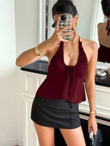 SHEIN PETITE 女士春夏新款小码酒红色露背蝴蝶结抽绳V领A字优雅性感吊带衫 - 酒紅色 - 查看 6