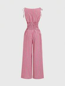 Sweetra Sweet And Cute Plaid Design Sleeveless Cinched Waist Straight Leg Jumpsuit, French Elegant Chic Spring/Summer Fashionable Style For Women - Burgundy - View 2