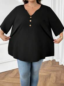 SHEIN CURVE+ Plus Size Casual Black Decorative Button Notched Neck 3/4 Sleeve Loose Blouse, Black Notched Neck Blouse, Fashionable Women Blouse, Going Out Tops - Black - View 5