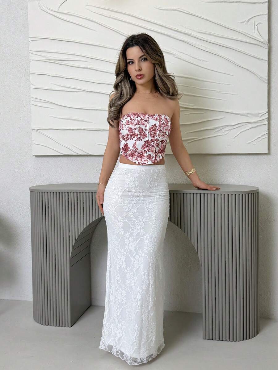 Jemour Jupe de demoiselle d'honneur Vacances Jupe en dentelle de couleur unie pour femmes Automne Jupe de fête, de dîner pour femmes, Élégante jupe pour femmes, pour l'automne et l'hiver - Blanc - Voir 1