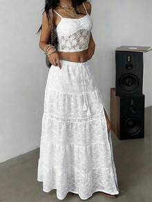 Siren Gaze 2025年波西米亚风沙滩裙 - 高开衩亚麻混纺多层长裙，松紧腰带，蕾丝边饰，音乐节必备及度假穿搭 | 夏季A字裙装，女士夏季穿搭，女士度假穿搭，女士沙滩装 - 米色 - 查看 6