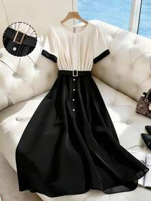 GlowEve CURVE Women's Plus Size Woven Fabric Turndown Collar Regular Shoulder Short Sleeve Ruched Loose Straight Shoulder A-Line Maxi Dress, Spring French Style Dress Black And White Dress Black And White Dress Women Women's Midi Dress Button Dress Two Tone Dress - Multicolor - View 8