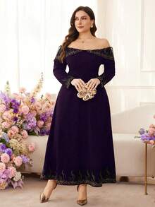 Modelyn Plus Size Women's Elegant Minimalist Retro Elegant Off-Shoulder Petal Sleeve Dress With Gold Floral Trim - Purple - View 4