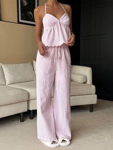 Livesso 2pcs/Set Women's Casual Sleeveless V-Neck Ruffle Camisole Top And Plaid Pants, Suitable For Easter Party, Summer Holiday - Pink - View 4