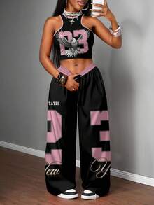 Slaydiva 2 piezas Conjunto de mujer de estilo casual de calle con camiseta ajustada y pantalones anchos de pierna ancha, adecuado para usar en la calle - Multicolor - Ver 1