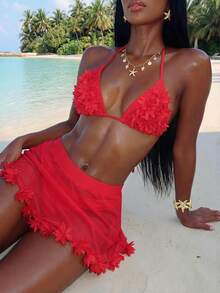 Vaytide 2pcs Women Summer Beach Solid Color 3D Floral Decor Halter Tie Sexy Bikini Swimsuit Set With Cover-Up & Skirt - Red - View 6