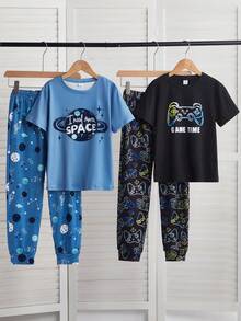 4件套幼儿男童睡衣，印有电子游戏和太空星球图案，短袖上衣和长裤家居服 - 彩色 - 查看 1
