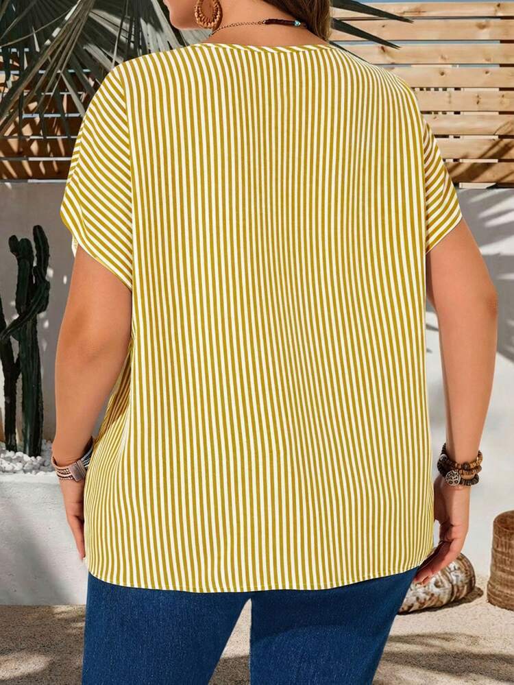 Plus Size Women Striped V-Neck Single-Breasted Casual Short Sleeve Shirt Summer Outfits Summer Clothes Spring Dress Spring Outfit Women Spring Clothing Beach Vacation Outfits For Women
