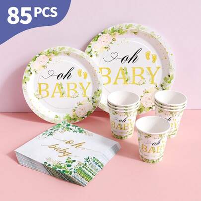 Green Leaves Oh Baby Disposable Plates, Napkins And Cups Set, Serves 20 Guests. This Disposable Party Set (Including Plates, Napkins And Cups) Is Perfect For Birthday Parties, Weddings And Family Picnics.