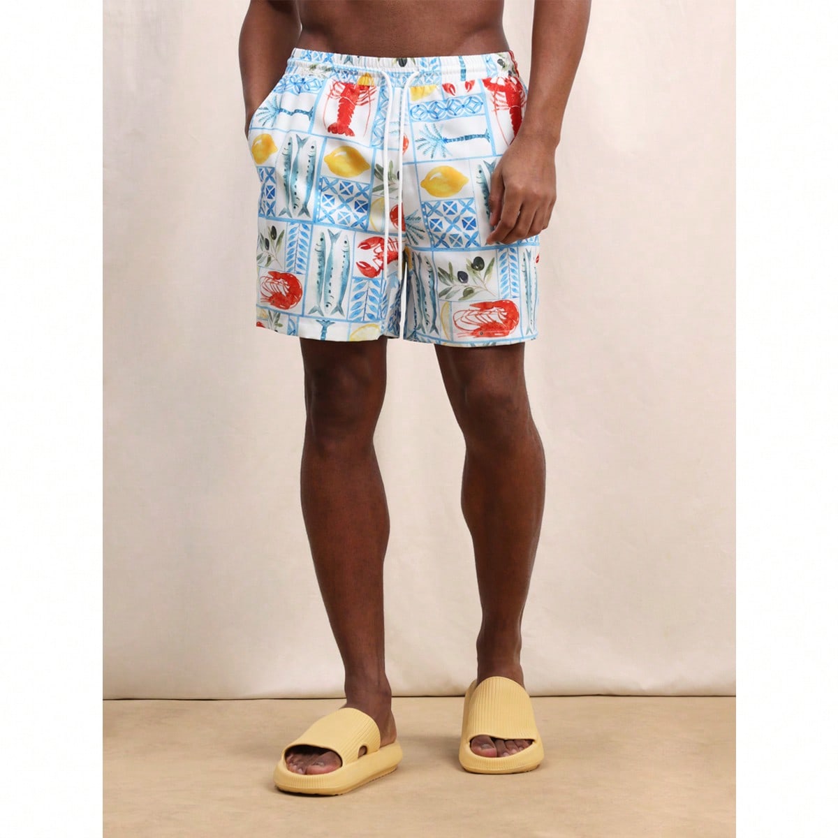 Shorts de playa con estampado de mariscos para hombres, pantalones cortos de natación de verano con estampado de langosta y peces, con cordón en la