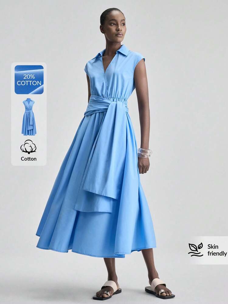 Women's Casual Lace-Up Waist Dress, Suitable For Commuting In Summer All-Season Bohemian Style Vacation Outfits Seaside Women's Clothing, Country Music Concert Style, Western Style Clothing, Nomadic Casual Fashion Boho Blue Dress Ersatile Modern Urban Fashion Business Casual Women's Wear Office Attire Understated Old-Money Style Belt Free With Pocket Good Material High-End, Elegant, Old-Fashioned Cruise Attire For Wedding Guests