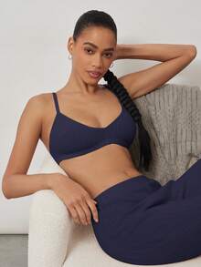 Ocili Áo ngực nữ 100% cotton gân, thoải mái, kiểu dáng cơ bản tối giản, thanh lịch, thích hợp cho mùa thu, thường ngày. - Màu xanh hải quân - Xem 3