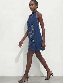 Maija Women Boho French Casual Elegant Dusty Blue Halter Sleeveless Mini Dress With Studded Plant Pattern A Line Flared Hem Woven Fabric Going Out Party - Dusty Blue - View 4