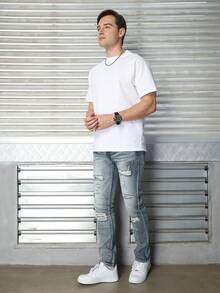 Logeqi® Jeans Rectos de estilo Rockero Vaqueros Lavados Rectos desgastados Casual Formal con Bolsos De Hombre - Azul - Ver 7