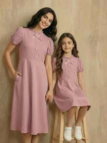 SHEIN Petal Sleeve Patchwork Tween Girls Frill Trim Bow Tie Dress - Dusty Pink - View 2