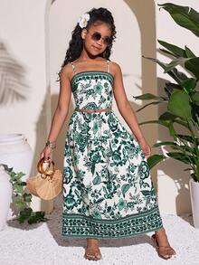 Tween Girl Casual Vacation Print Camisole Top And Mini Skirt Set - Green - View 4