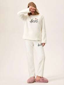 Loomlin 2Pcs Pelush Love Embroidery Detail PJ Set - White - View 4