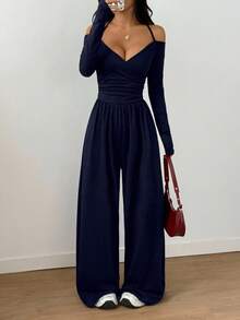 Flirla Women's Solid Color Ruched Long Sleeve Jumpsuit With Neck Tie Evening Night Out Navy Blue Autumn Elegant - Navy Blue - View 6