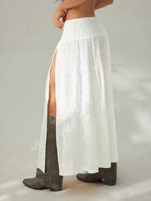 SHEIN PETITE Women's Vintage Solid Color Textured High Slit Skirt, Summer - White - View 2