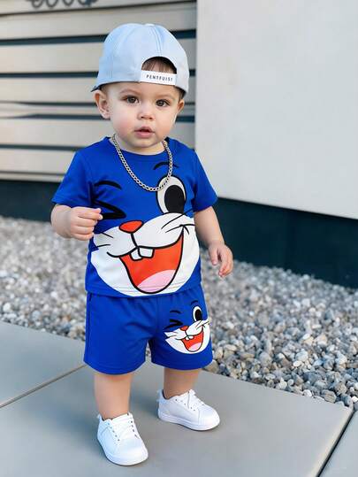 Bubblio 儿童精选系列，日常基础款，快乐儿童，儿童粉彩色系，机车风，家庭旅行，美好时光，我爱妈妈，我爱爸爸，温馨家园，酷炫儿童，男婴休闲简约圆领短袖短裤两件套，适合夏季