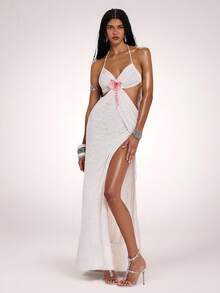 ROMWE Y2K Đầm gợi cảm khoét eo, ren hoa, kiểu dáng hở hang, thích hợp cho kỳ nghỉ hè trên bãi biển của phụ nữ. - Màu be - Xem 1