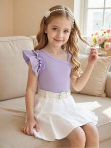 Nouveau design d'été pour jeune fille avec épaules obliques, Top en tricot jacquard à volants sans manches, assorti à une jupe plissée en tissu. Style décontracté chic, convient pour les loisirs, les trajets et les vacances. - Prune - Voir 5
