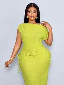 SOLERSUN Plus Size Women's Sage Green Elegant Summer Dress, Textured Asymmetrical Neckline Drawstring Pleats Mid-Length Wedding Guest Bridesmaid Dress - Green - View 2