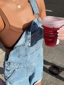 Livesso Women's Multi-Pocket Cuffed Casual Versatile Denim Bib Shorts - Blue - View 1