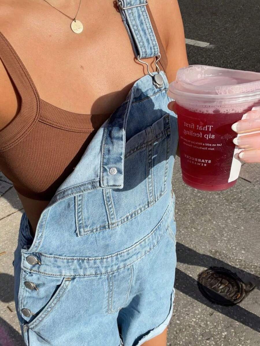 Livesso Women's Multi-Pocket Cuffed Casual Versatile Denim Bib Shorts - Blue - View 1