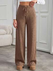 SHEIN Cottnline Drawstring Waist Straight Leg Sweater Pants - Apricot - View 4