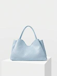 MOTF PREMIUM TAS TOTE WANITA, TAS TANGAN PU TENUN EMBOSSED YANG INDAH, COCOK UNTUK PERJALANAN SEHARI-HARI KE TEMPAT KERJA - Baby Blue - View 5