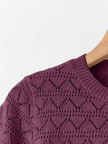 Women's Casual Solid Color Short Sleeve Hollow Out Knit Top And Shorts 2 Piece Set - Purple - View 5