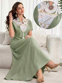 Al Najma Đầm ngắn tay cổ chữ V thanh lịch thêu sequin dành cho nữ, thích hợp cho mùa hè. - màu xanh lá - Xem 2