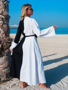 SHEIN Swim Women's Colorblock Long Sleeve Casual Kimono Cover Up - Black and White - View 6