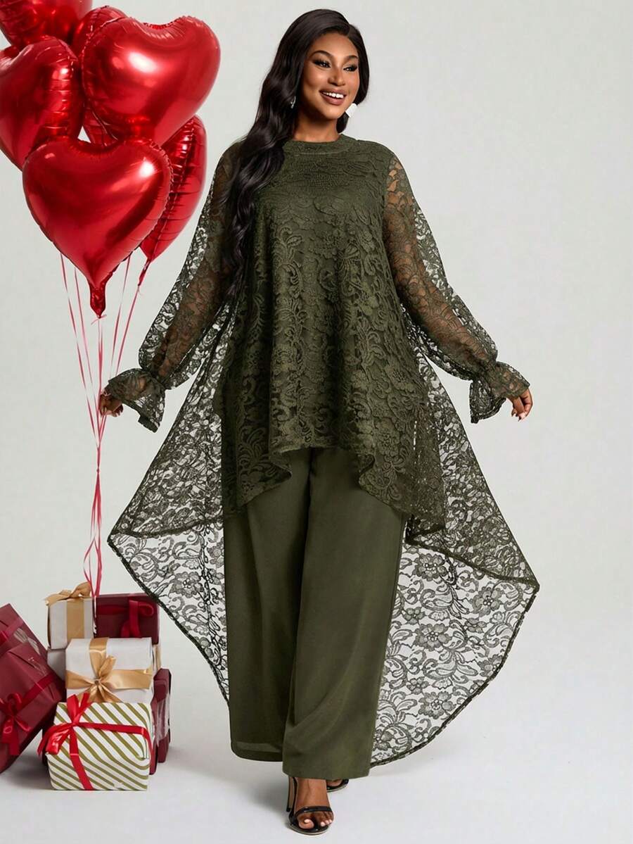 EMERY ROSE Plus Size Elegant Party Solid Color Lace Front Short Back Long Top And Pants 2 Piece Set Elegant Women's Set Summer Outfits Summer Clothes Spring Dress Spring Outfit Women Spring Clothing Elegant Women's Set Blouse And Pants Set Formal For Women Party Wear Dresses For Women - Army Green - View 1