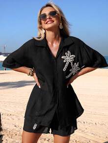 Swim Vcay Spring/Summer Elegant New Arrival 1 Piece Woven Solid Color Coconut Tree Patterned Decorative Short Sleeve Resort-Style Women Swimwear Kimono - Black - View 15