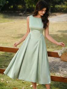 Vintamour 复古优雅女士连衣裙，带口袋，天鹅绒材质，珍珠链点缀，适合派对、节日、鸡尾酒会、秋季、万圣节、冬季、圣诞节等场合，也可作为女士秋季服装、万圣节服装、圣诞节服装、圣诞派对礼服、新年礼服、感恩节服装等。优雅派对连衣裙 - 淡綠 - 查看 6