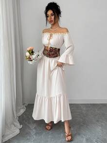 Selianne Women's Elegant Beige Autumn Boho Vacation Off-Shoulder Lace Ruffle Tie Bow Flare Sleeve Jacquard Floral Waist Belt A-Line Retro Palace Dress - Apricot - View 5