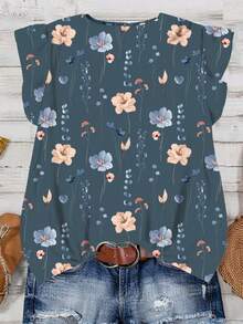 Rusticease 女士碎花休闲短袖衬衫，适合夏季穿着 - 霧霾藍 - 查看 2