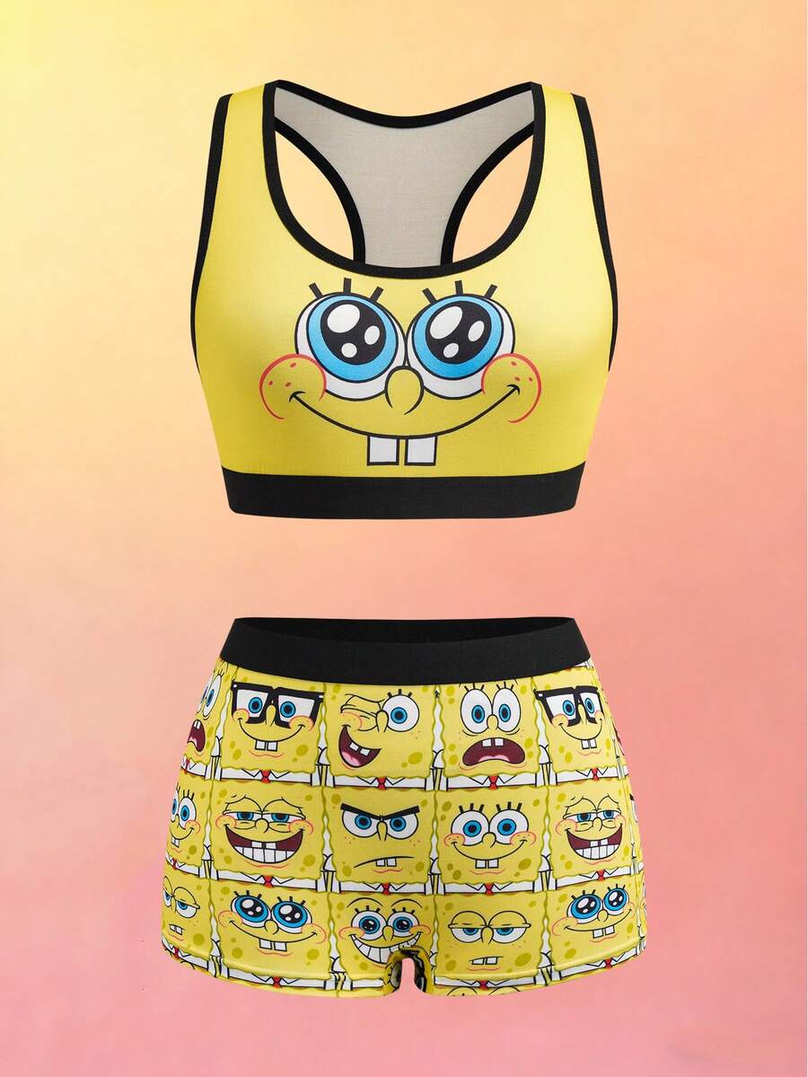 SpongeBob SquarePants | SHEIN Women Cartoon Print Camisole And Shorts Underwear Set - Yellow - View 1