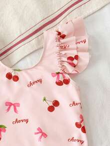 SHEIN Baby Girl Cherry Print Ruffled Sleeve One-Piece Swimsuit, Soft & Skin-Friendly - Pink - View 4