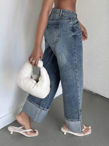 Alexandranx 女士牛仔裤复古灰蓝色直筒九分裤翻边休闲百搭外出秋季女装 - 淺色水洗藍 - 查看 4