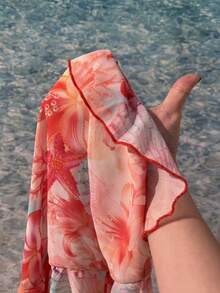 SHEIN EZwear Đầm chiffon cỡ lớn dành cho kỳ nghỉ hè trên đảo, với họa tiết hoa lãng mạn và viền bèo nhún. - Hồng - Xem 9