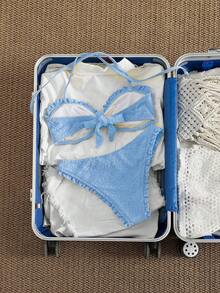 Swim Mod 新款女士优雅清新柠檬黄两件式泳衣，阳光黄奢华质感面料，花卉压纹荷叶边比基尼套装，可拆卸肩带的挂脖式抹胸上衣，高衩性感泳裤，休闲可爱俏皮的Y2K辣妹风沙滩装，适合音乐节、春夏海滩度假、泳池派对、海岛度假等场合，尽显摩登风情。 - 藍色 - 查看 2