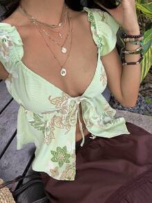 Sunnyshic Y2K波西米亚风性感东南亚度假休闲约会街头音乐节海滩刺绣亮片印花深V领泡泡袖A字褶皱开衫衬衫吊带衫，春夏秋三季 - 彩色 - 查看 1