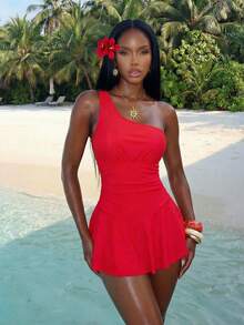 Vaytide 女士沙滩装纯色单肩闪亮面料荷叶边腰部优雅女士连体泳衣 - 紅色 - 查看 3