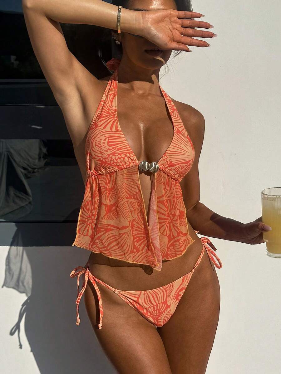 Bonvoyette 女士夏季沙滩全印花性感时尚吊带背心式泳衣套装 - 彩色 - 查看 1