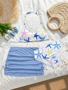 SHEIN 少女三件套比基尼，可爱针织海星海洋主题面料，时尚设计，款式端庄，适合海滩、游泳、度假和夏季穿着。 - 藍色 - 查看 6