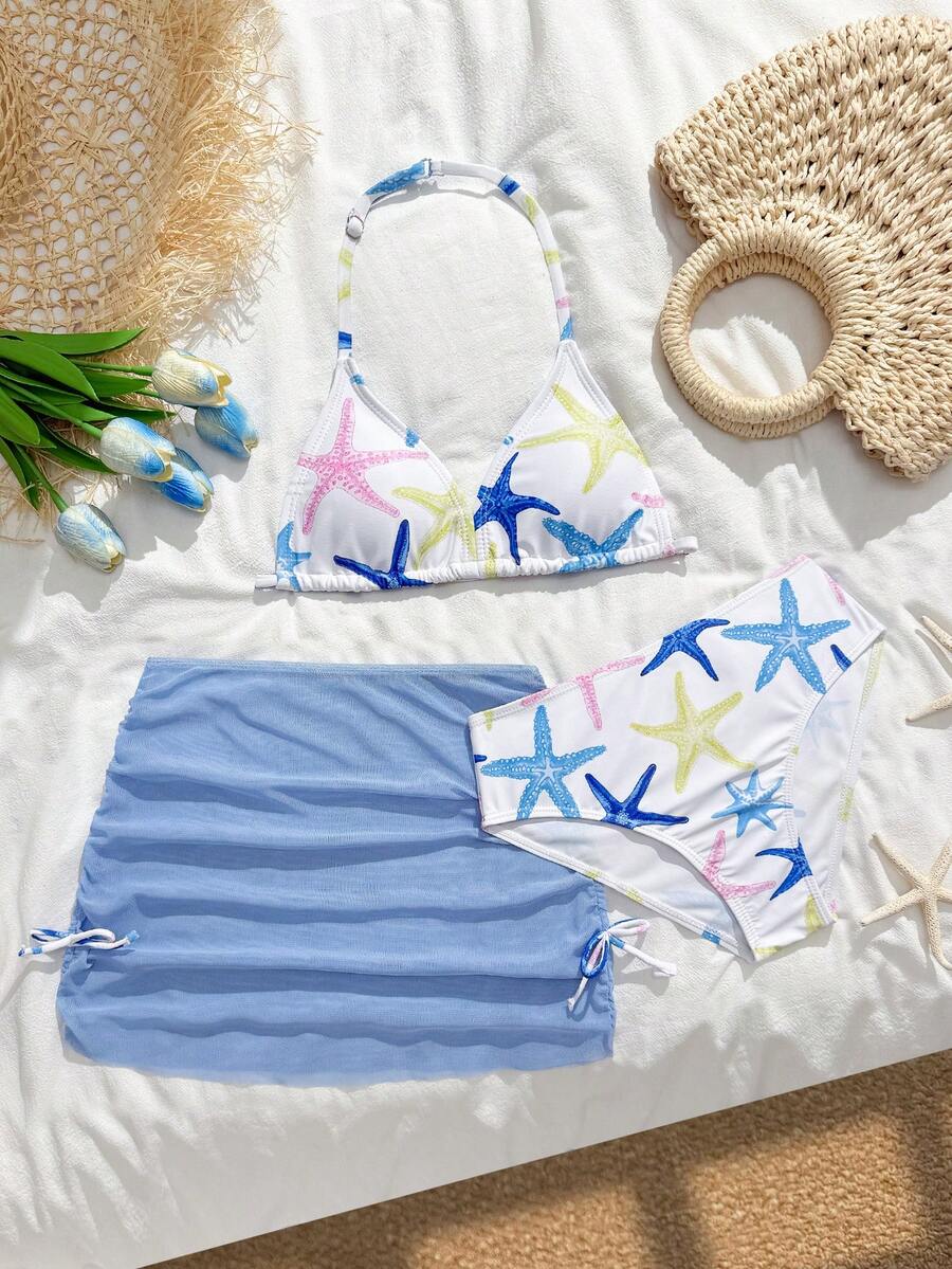 SHEIN 少女三件套比基尼,可爱针织海星海洋主题面料,时尚设计,款式端庄,适合海滩、游泳、度假等夏季穿着。少女沙滩装,夏季度假装,夏季沙滩套装,夏季度假套装,少女沙滩装,青少年泳装,春夏精选,少女夏季泳装,青少年泳衣。 - 藍色 - 查看 1